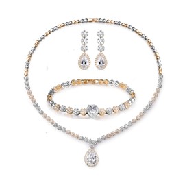 Hadskiss Jewelry Set for Women, Wedding Party Jewelry for Bridal Bridesmaid, Necklace Dangle Earrings Bracelet Set with White AAA Cubic Zirconia