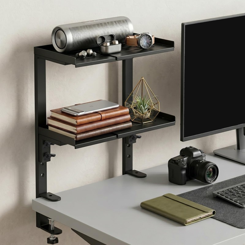 Expandable Clamp on Desk Shelf, Desktop Organizer with Headphone Holder
