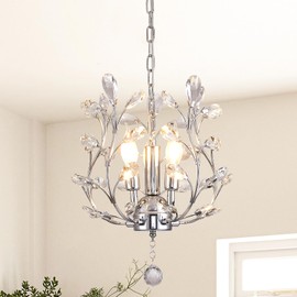Ganeed 3-Light Branch Crystal Chandelier, Small Flush Mount Vintage Pendant Hanging Lighting, K9 Crystal Farmhouse Ceiling Light for Dining Room Bedroom Living Room Kitchen Hallway, Chrome Silvery