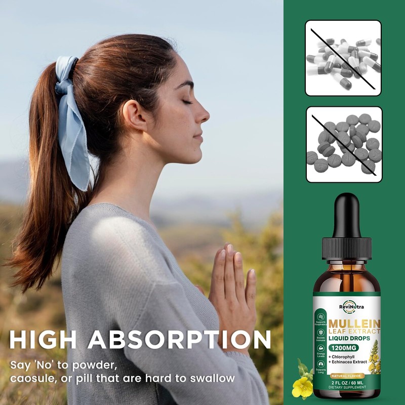 ReviNutra 2 Pack Mullein Drops for Lungs, 1200mg Mullein Leaf