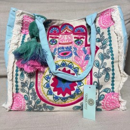 Debbie Katz NEW Debbie Katz Ocean Boho Bag Large Tote Colorful Hasma Blue Pink Canvas Resort