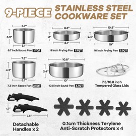 E-far 9pcs Stainless Steel Cookware Set, 3-Ply Pots and Pans Set w/Detachable Handle & Lid, Induction Cookware Kitchen Cooking Set for RV Camping, Nontoxic Whole Clad Frying/Saute/Sauce Pan, Oven Safe