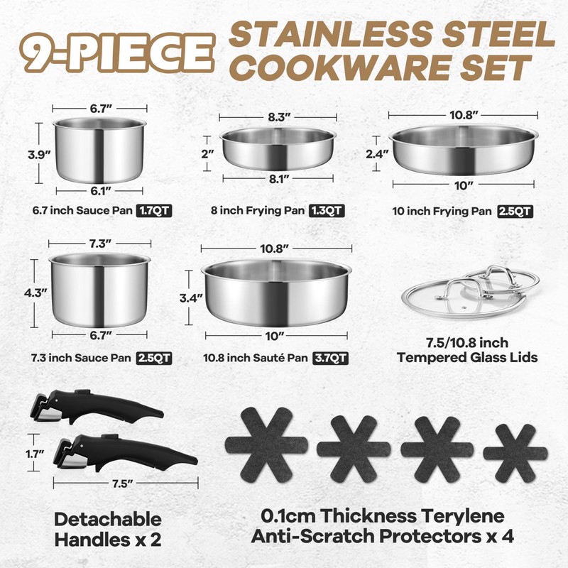 E-far 9pcs Stainless Steel Cookware Set, 3-Ply Pots and Pans