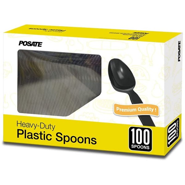 Heavyweight Plastic Spoons, Black, Pack of 100, Disposable Utensils for Party Supply