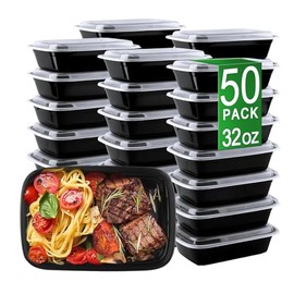 Meal Prep Containers, 50 Pack 32oz (100-Piece) Disposable Take Out Food Storage Containers with Leakproof Lids, Reusable Plastic To Go Lunch Boxes, BPA Free, Microwave/Dishwasher/Freezer Safe