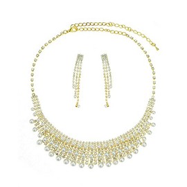 NYFASHION101 Bead Accent Rhinestone Pave Necklace and Earrings Jewelry Set, Faux Cream Pearl/Gold-Tone