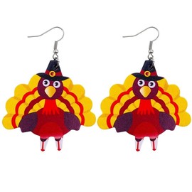 Thanksgiving Earrings Fall Pumpkin Turkey Squirrel Pine Cone Double-Sided Printed Leather Earrings Drop Dangle Earrings Autumn Cute Funny Jewelry Gift For Women （Yellow Turkey）