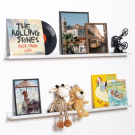 Fun Memories Picture Ledge Shelf, 48 Inch Floating Shelves Set of 2, Large Nursery Book Shelves for Toys Storage, Kids Bookshelf Wall Mounted for Wall Decor Books Photo Frames, White