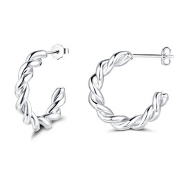 Loutade Silver Hoop Earrings for Women, 925 Sterling Silver Open Hoops Earrings, Hypoallergenic Lightweight Trendy Twisted Silver Chunky Open Hoop Earrings Silver Cuff Stud Earrings for Girls Teens