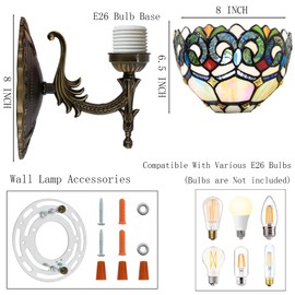 HWDFEI Tiffany Sconce Lamp Stained Glass Wall Lamp,8X10.5X11 Inch Plug in Wall Bedside Light for Hallway Bedroom (Seven Color Baroque)