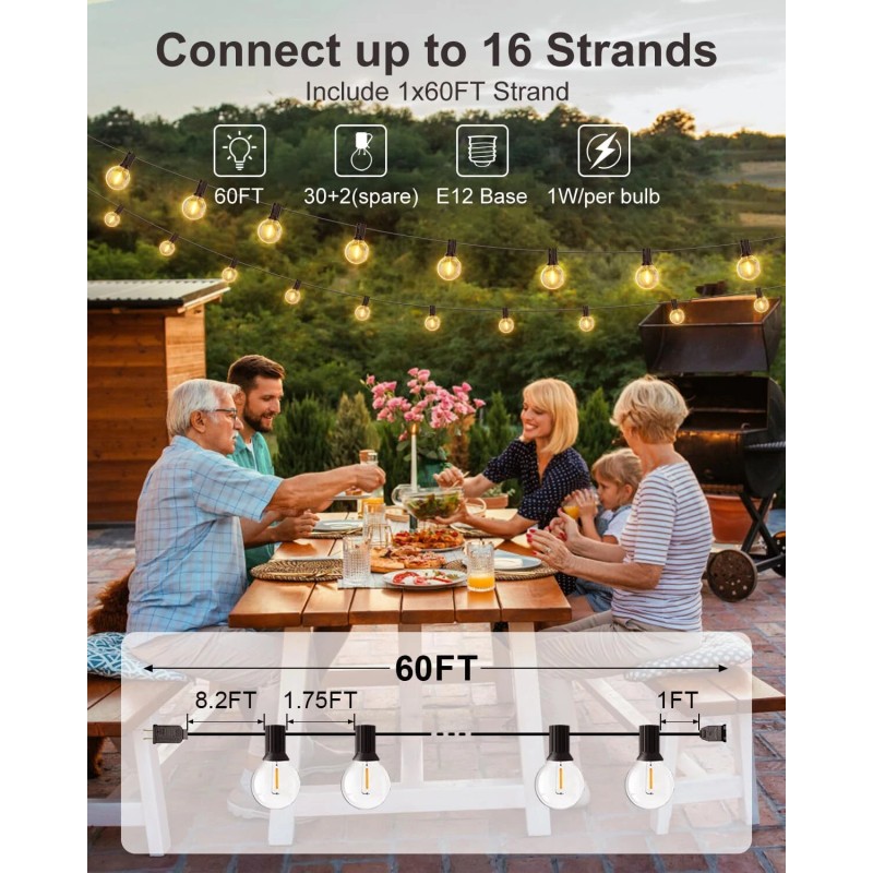 GLUROO 60Ft G40 Led String Lights Waterproof Energy Efficient For