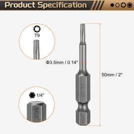 HARFINGTON 5pcs T9 Torx Head Screwdriver Bit 1/4" Hex Shank 2" (50mm) Long Magnetic No Hole Tip Tamper Proof 6 Point Star Screw Driver Drill Bits S2 Steel Industrial Power Screwdrivers