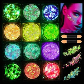 Glow in the Dark 12 Colors Glitter UV Gel Eyeshadow for Body, Face, and Hair - Perfect for Raves Festivals and Carnival Parties Brightening Evening Makeup Gentle Long Lasting Shimmer - Color: 6 Colors