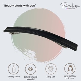 Parcelona French Long and Thin Large 4" Black Celluloid Automatic Hair Clip for Girls Strong Hold No Slip Grip Hair Claw Clips for Women, Made in France