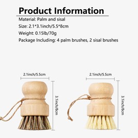 Bamboo Scrub Brush 6Pcs, UNOSCHRIM Palm and Sisal Pot Brush Set, Durable Wood Kitchen Dish Brush, Multifunctional Mini Cleaning Kit for Cleaning Pots, Dishes, Sinks, Fruits and Vegetables