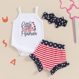 Newborn Infant My First 4th Fourth of July Baby Girl Outfits Onesie Romper White Red and Blue Shorts+Headband (Embroidered Little miss America, 3-6 Months)
