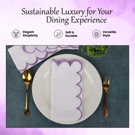 Scalloped Embroidery Cloth Napkins Premium Quality Table Decor Spring and Summer 100% Cotton Reusable Washable Napkin -18 x 18 inch (Sl-White Napkin with Purple Edges, Pack of 4)