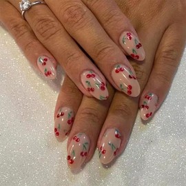 Cute Cherry Press on Nails Short Fake Nails Almond False Nails with Designs Nude Pink Acrylic Nails Glue on Nails Holiday DIY Nail Art for Women Girls 24Pcs Stick on Nails