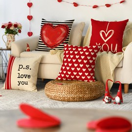AVOIN colorlife Valentine's Day I Love You Throw Pillow Covers, 18 x 18 Inch Red Valentine Heart Stripes p.s. Love You Wedding Cushion Case Decoration for Sofa Couch Set of 4