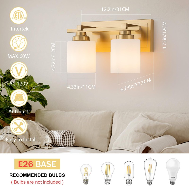 BrkNit 2 Light Modern Bathroom Light Fixtures Over Mirror, Brass