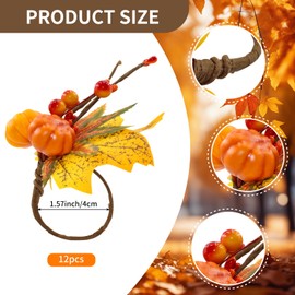 Adboros 12 Pcs Fall Themed Napkin Rings, Thanksgiving Napkin Ring Holder, Pumpkin Maple Leaves Red Berry Napkin Holder, for Fall Gathering Thanksgiving Dinner Table Decoration
