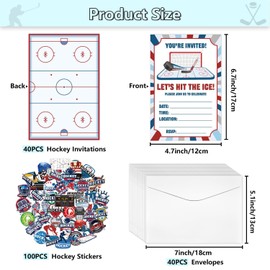 PTECDROTS 40Pcs Hockey Invitations Sets with Envelopes Ice Hockey Stikers Hockey Cards Birthday Invites for Kids Hockey Birthday Decorations, 6.7x4.7 Inch