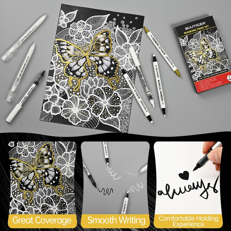 7Pcs White Acrylic Ink Pens Opaque Gold Black Dual Tip