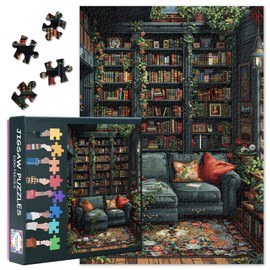 Jigsaw Puzzles for Adults 1000 Pieces - Vintage Library with Bookshelves, Plants & Cozy Fireplace, Premium Quality Adult Puzzles, Completed Size 27.5x19.7 in