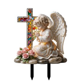 Orsefeliy Angel Garden Stake with 2 Prongs, Flat Garden Ornaments with Cross, Healing Garden Decoration for Grave, Patio and Lawn, Sacred Guardian Angel Gifts for Gardening Enthusiasts