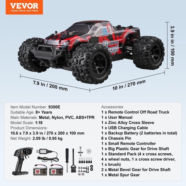 VEVOR Remote Control Car, 1:10 Scale RC Car for Kids,