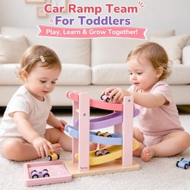Vanplay Car Ramp Toys for One Year Old Girl Birthday Gifts, Montessori Toys for 1 2 Year Old, Wooden Race Track Truck Toy with 4 Mini Cars, First Christmas Birthday Gifts for Toddler Girl Toys 1-3-2-4