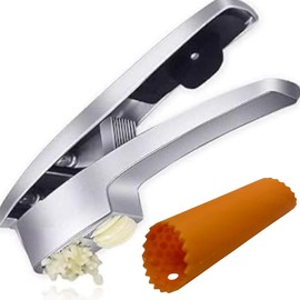 Garlic Press and Slicer 2 in 1 with Built-In Cleaner and Silicone Peeler, Convenient Kitchen Tool for Effortless Mincing and Slicing w/Bonus Garlic Peeler, Durable and Dishwasher Safe Aluminum Alloy