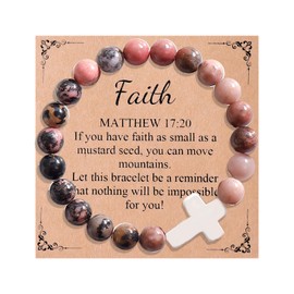Christian Gifts for Women Men Natural Stone Cross Beads Bracelet Catholic Religious Gifts for Women Mother Daughter Sister Girlfriend Grandma Wife (B: red cross bracelet)