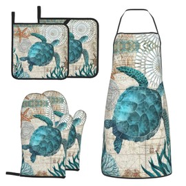 Sea Turtle Ocean Animal Landscape Oven Mitts and Pot Holders Sets with Apron 5Pcs Sea Turtle Kitchen Mitten Gloves and Non-Slip Potholders Apron Sets Oven Gloves Hot Holders for Baking