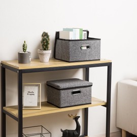 PRANDOM Foldable Storage Container with Lid [1 Pack] Linen Fabric Decorative Storage Box Organiser Container Basket Cube with Handles Divider for Bedroom Closet (29 x 22 x 17 cm)