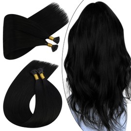 Ugeat I Tip Hair Extensions Human Hair 20Inch Jet Black Remy I Tip Hair Extensions Human Hair #1 Pre Bonded Fusion Hair Extensions 40Gram Per Pack 0.8G/S Stick Tipped Hair Extensions