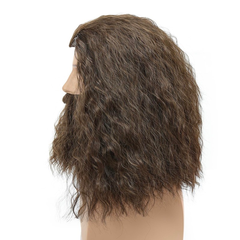 LAXSHZ Mens Long Brown Curly Hair Wig with Beard for