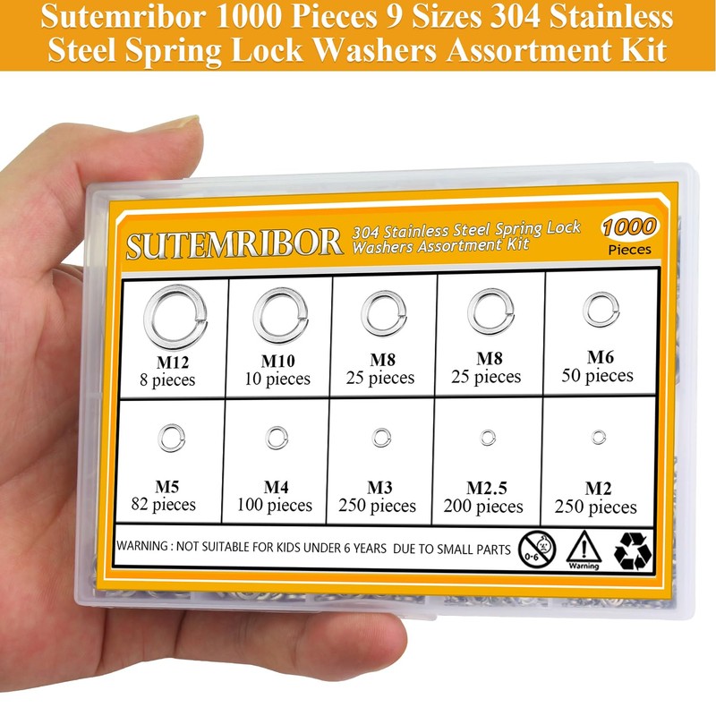 Sutemribor 1000 Pieces 9 Sizes 304 Stainless Steel Lock Washers,