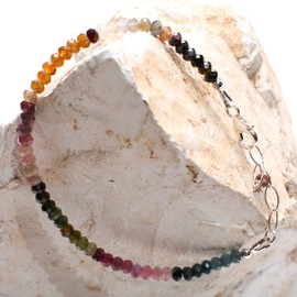 Watermelon Tourmaline Bracelet Faceted Rondelle Bracelet in 925 Sterling Silver Chain with 1" Extension, Clasp, Gift for her