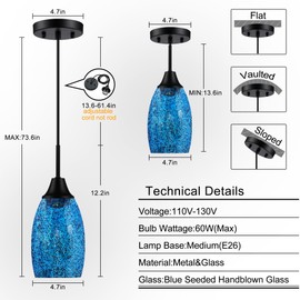 Viinew Mini Glass Pendant Light 1-Pack Handblown Clear Dark Blue Seeded Glass Shade 4.72", Adjustable Cord Ceiling Light Fixture for Kitchen Island Sink