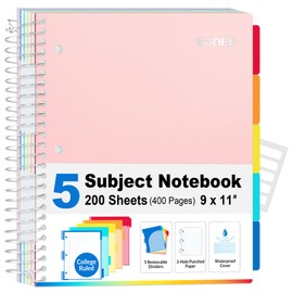 SUNEE 5 Subject Notebook College Ruled - 400 Pages, 9"x11", 5 Pocket Colored Dividers, 3-Hole Punched Paper, Pink