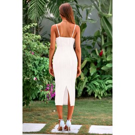 PRETTYGARDEN Women's 2025 Summer Sleeveless Bodycon Dress Textured Back Slit Sexy Cocktail Party Midi Dresses (White,Medium)