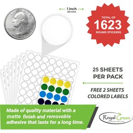 Removable Labels Sticker Sheets for Inkjet/Laser Printers, White Matte Stickers Printing Labels 1 inch with Template Included, 25 Printable Paper Sheets + Bonus Multicolor Labels - 1623 Pack