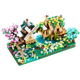 RuiChuangKeJi Botanicle Collection Sakura Tree House Plants Micro Block Building Set Toy Friendship Windmill Model Cherry Blossom Flowers for Girls, a Ideas DIY Gift Kids and Adults (with 4 Figure)