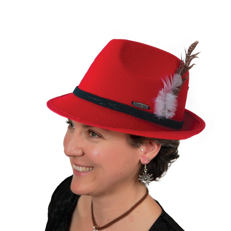 Traditional German Bavarian Red Felt Fedora for Men and Hat