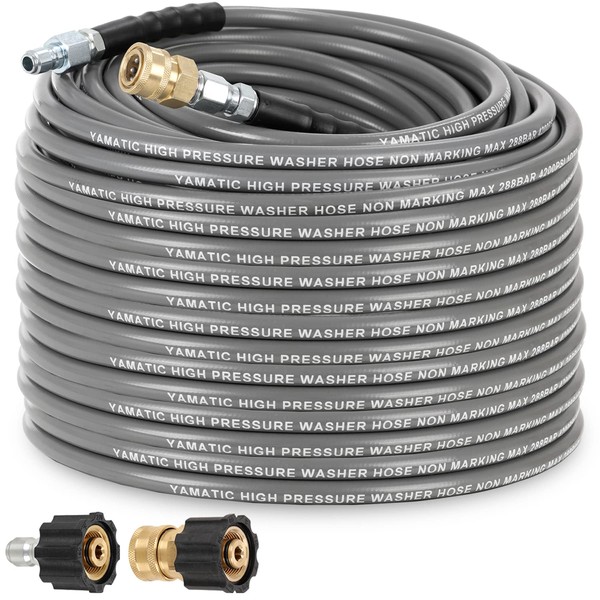 YAMATIC Non Marking 1/4" 4200 PSI Pressure Washer Hose 100 FT, for Hot/Cold Water Rubber Wire Braided, Kink Free Swivel 3/8" Quick Connection, Industry Grade for Power Washer, Super Wear Resistant