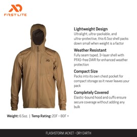 First Lite Men’s FlashStorm Jacket - 3-Layer Ultralight Waterproof Rain Coat for Hunting & Fishing - Dry Earth - XX-Large