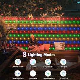 echosari - Luces de red alimentadas por energía solar, 200 luces LED de 9.8 pies x 6.6 pies, luces de red de alambre verde oscuro, encendido/apagado automático, 8 modos, luces de red para exteriores,