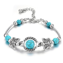 Cubahop Vintage Silver Blue Turquoise Butterfly Turtle Evil Eye Bracelets Hand Jewelry for Women and Girls (Butterfly)