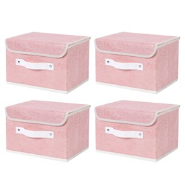 ANMINY 4PCS Fabric Storage Bin with Lid Rose Print Storage Box Basket with PU Leather Handles Washable PP Plastic Board Decorative Foldable Lidded Shelf Cubes Closet Organizer - Pink, Small Size